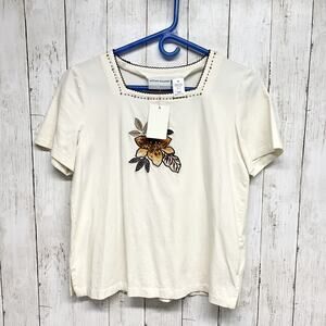 Y2K Alfred Dunner Petite Top Women PS Cream Floral Embroidered Peasant Blouse